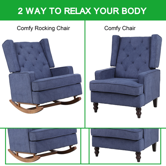 Mid-Century Modern Comfortable Rocking Chair Accent Chair for Living Room Navy fabric