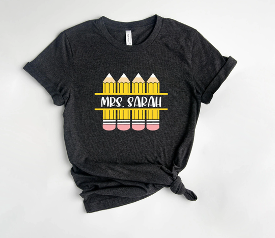 Pencil Name Frame Shirt, Custom Split Monogram Teacher School Tee, Back To
