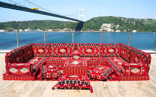 Red Arabic Sectional Sofas, U Shaped Floor Seating, Sofa Bed, Indoor Set, Garden Living Room Sofas