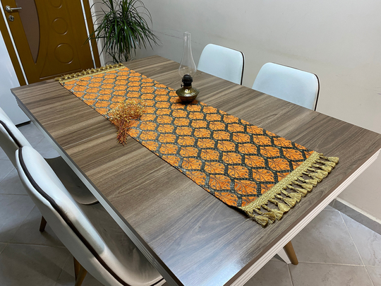 Orange Peacock Tail Turkish Coffee Table Cloth Runner, Vibrant Wedding Oriental Dowry Chest Cloth, Rnr250
