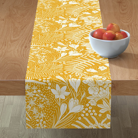 Mustard Floral Table Runner - Forest Flowers By Denesannadesign Yellow Large Jumbo Cotton Sateen Spoonflower