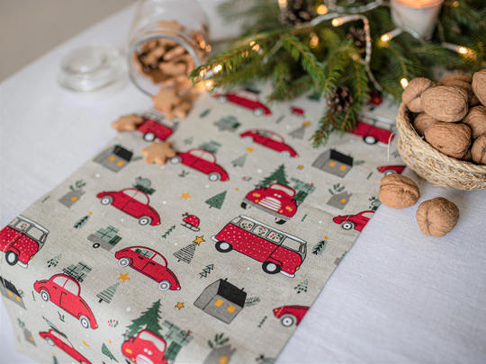 Christmas Ornaments Table Runner, Xmas Printed Linen Gift, Long Cloth
