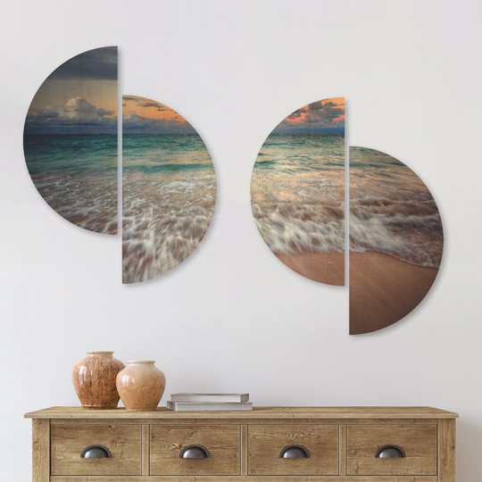 Designart 'Waves Crashing Serene Seashore' Seascape Wood Wall Art Set of 4 Half Circles - Multi-Color