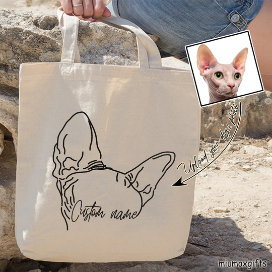 Custom Cat Ears Outline Tote Bag, Sphynx Line Art Drawing Minimalist Bag