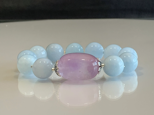 Aquamarine Bracelet, Amethyst Stretch 925 Sterling Siver, March Birthstone Natural Gemstone Bracelet