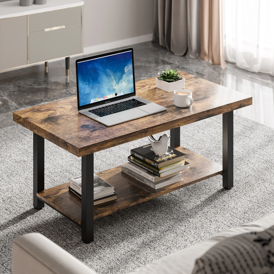 Industrial Coffee Table for Living Room with Storage Shelf, 2-Tier Wood Coffee Table Cocktail Table with Metal Frame-42 inch