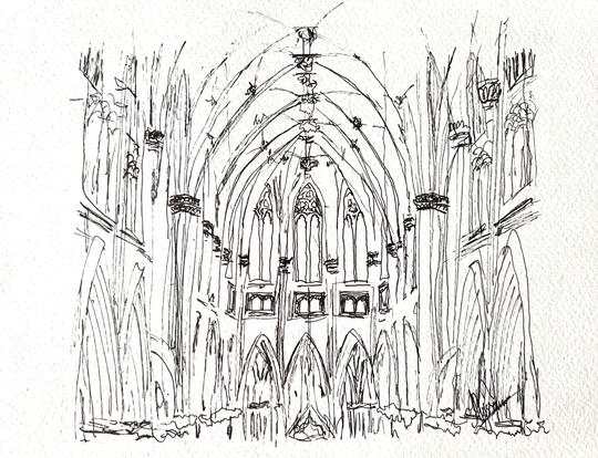 Hand Sketch With Ink & Pencil- Interior Details Of St. Peters Cathedral in New York - Architectural Art, Catholic Arches Ceiling | Print