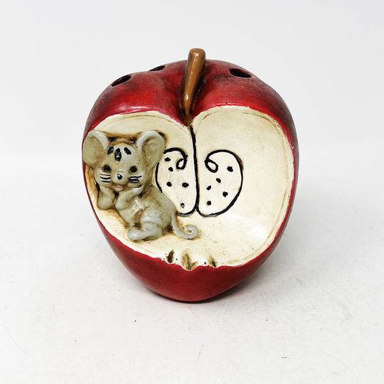 Vintage Pencil Holder - Apple Crochet Needle Mouse School Teacher Gifts Painted Pottery
