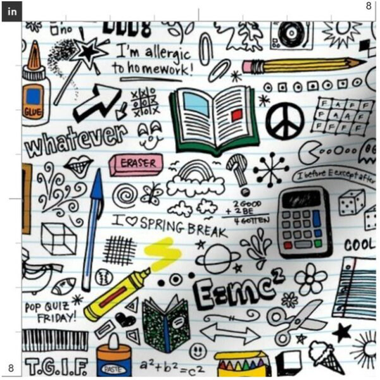 Doodled School Supplies Fabric By The Yard | Back To Notebook Print Order