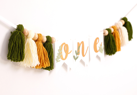Boho Greenery High Chair Banner, Tassel Garland, Wood Bead First Birthday Decorations, Highchair