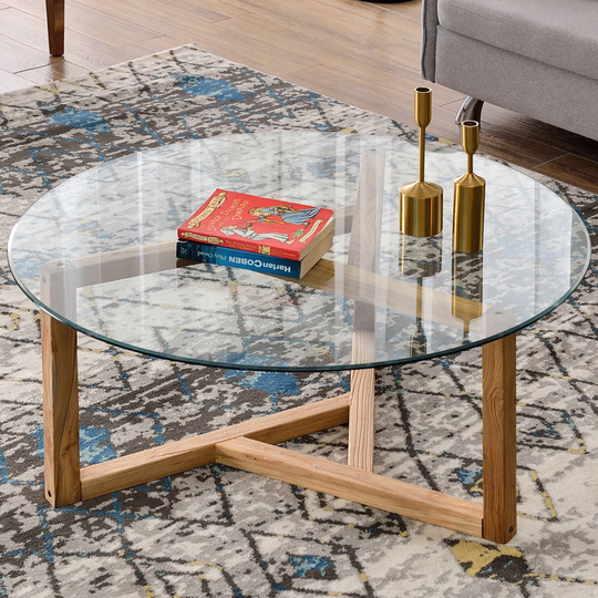Round Glass Coffee Table Easy Assembly with Tempered Glass Top
