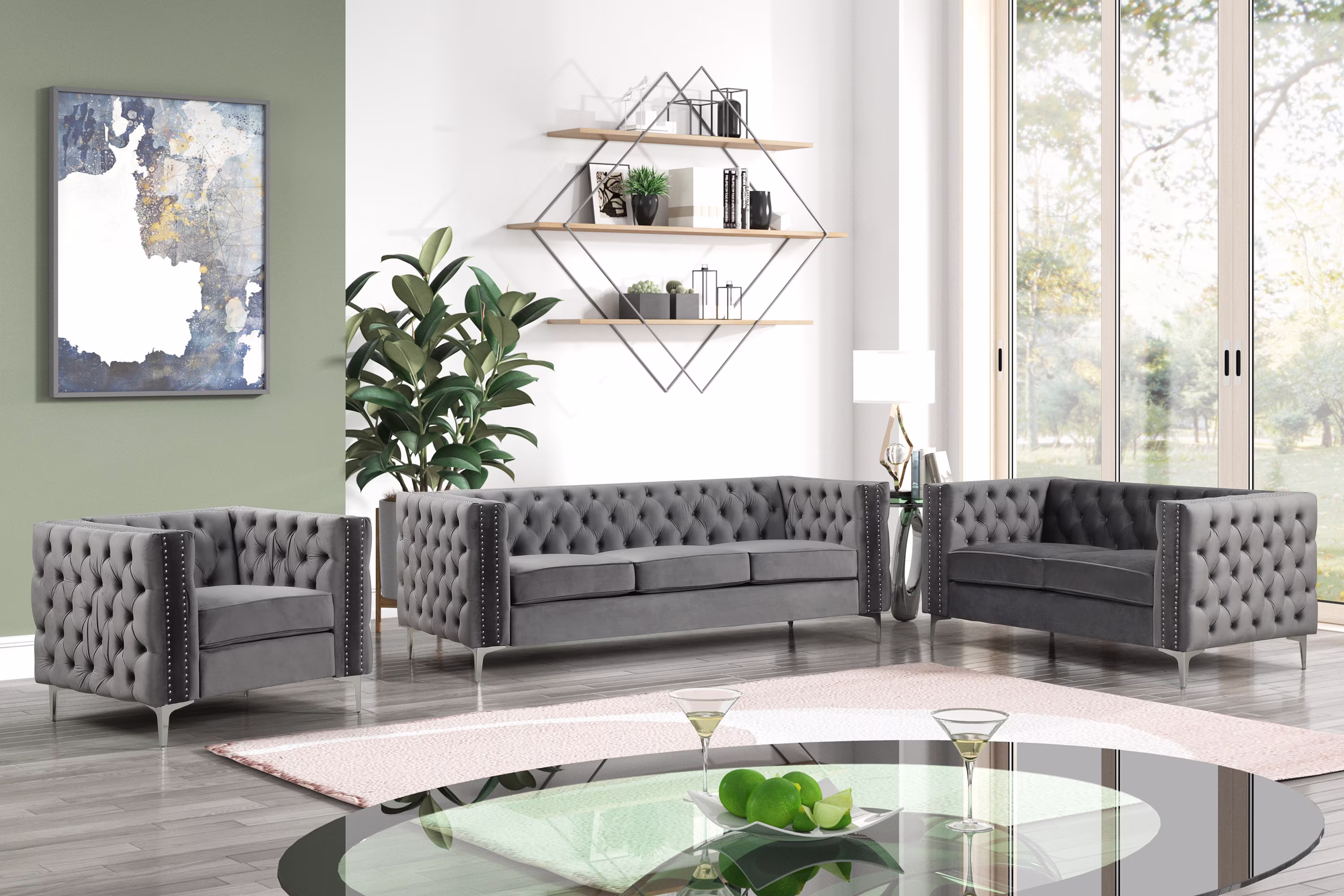 Velvet 3 Pieces Sofa, Loveseat & Arm Chair Living Room Set Luxury Gray By Us Furnishing Express