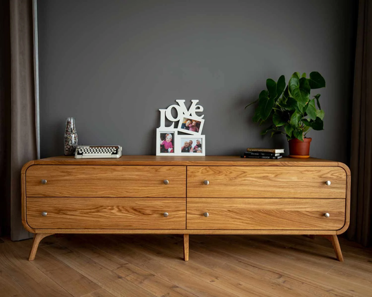 Low Sideboard, Natural Wood Tv Stand, Handmade Mid Century Cabinet, Entertainment Center Unit, Media Console With 4 Drawers
