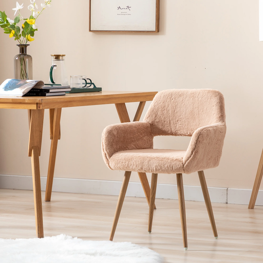 Dining Chairs with Faux Fur, Mid Century Side Chairs with Solid Painting Steel Leg for Dining Room, Camel
