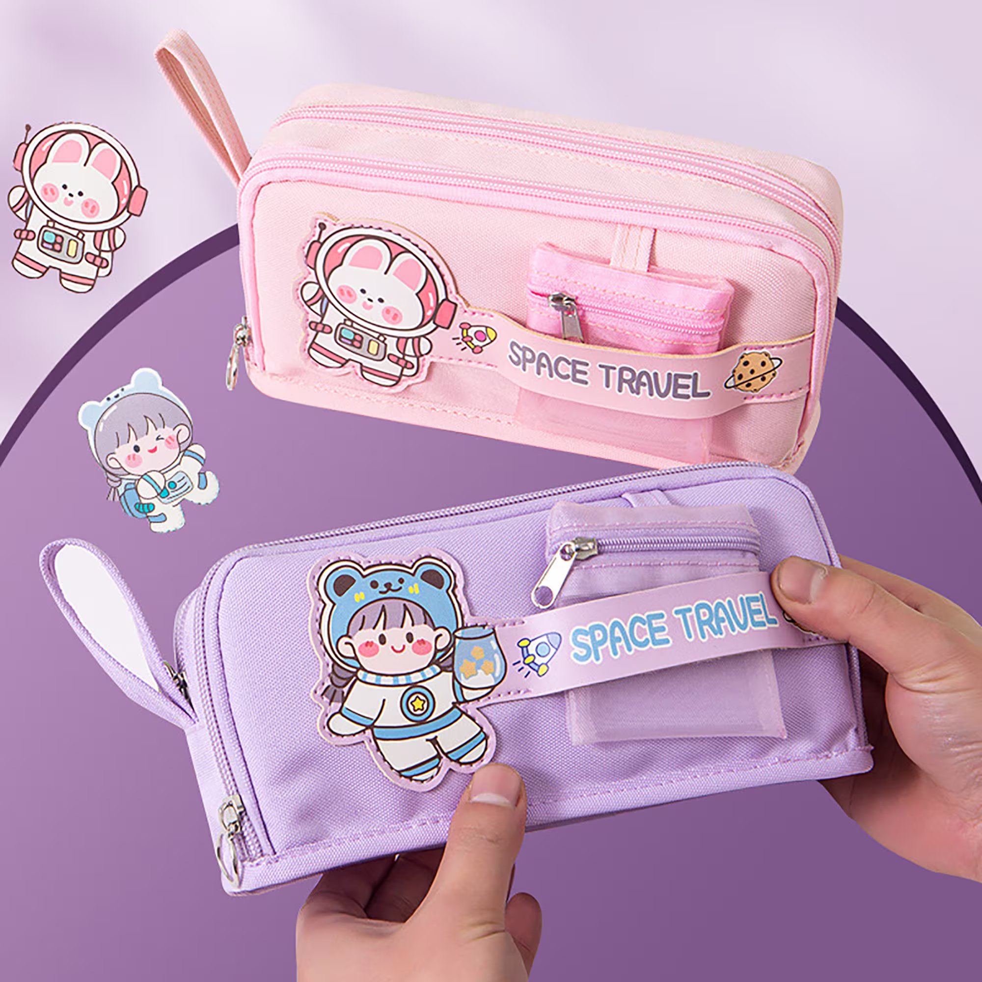 Kawaii Large-Capacity Canvas Pencil Case, Student Multi-Layer Cute Cartoon Stationery Bag, Zip Pouch, School Supplies