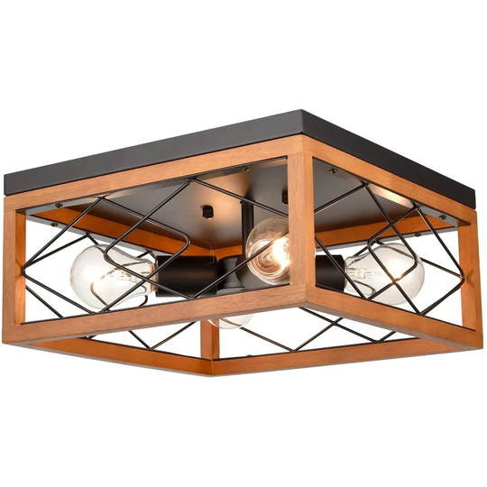 Imperia Farmhouse Flush Mount Ceiling Light 4-Light Metal and Wood Light Fixture - Walnut & Black