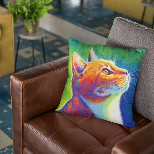 Rainbow Cute Colorful Orange Tabby Cat Polyester Square Throw Pillow