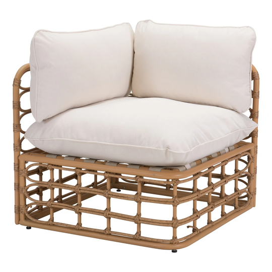Beige and White Cane Corner Chair - 31.9"H x 29.1"W x 29.1"D