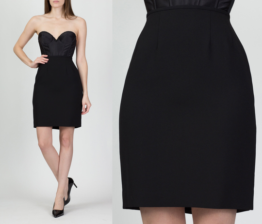 Vintage Tahari Black Mini Pencil Skirt - Extra Small, 24" | 90S Y2K Minimalist High Waisted Plain Miniskirt