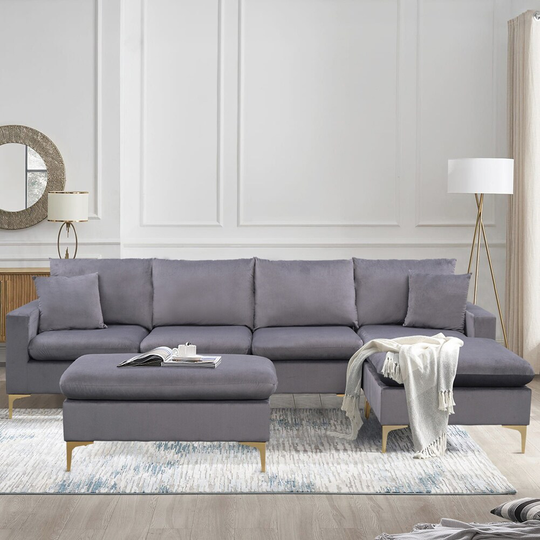 Sectional Sofa with Ottoman, L-Shape Velvet Upholstered Couch