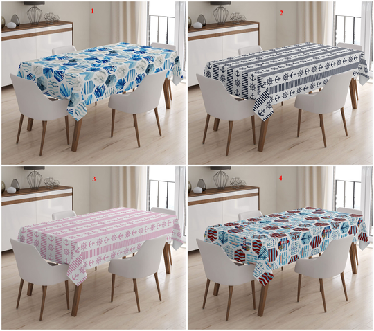 Nautical Tablecloth, Anchor Pattern Table Cover, Sea Life Tableware, Teal Sheet, Marine Top, Blue Linen, Beach House Decor