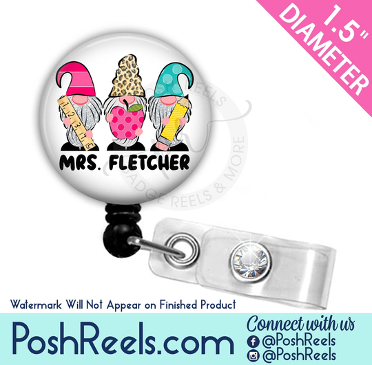 Teacher Gnome Badge Reel - Apple, Ruler, Pencil Reel, Carabiner Or Lanyard Holder Cute 2552