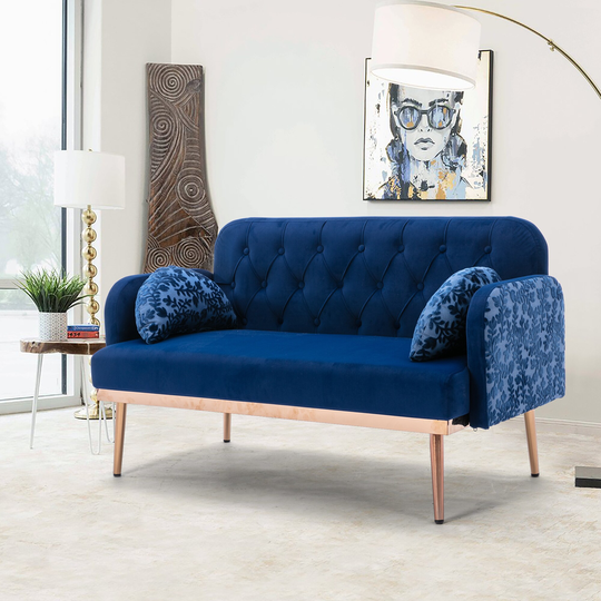 Modern Velvet Accent Sofa with Square Arms and Tapered Metal Legs, 31.89'' H x 55.12'' W x 26.77'' D, Navy