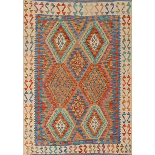 Hand-woven Kilim Reversible Area Rug Geometric Multi-Color Wool Carpet - 4'11" x 6'6"