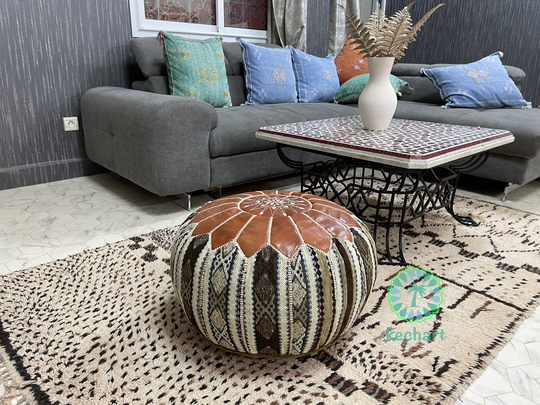 Kechart - Stylish Moroccan Pouf, Floor Ottoman, Pouf Cover, Home Decor, Genuine Leather, Chairs & Ottomans, Seat Cushion, Footstool