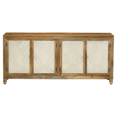 80 Inch Rustic Wood Sideboard Buffet With Silver Metal Doors Accents