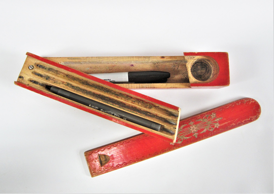 Antique Wood Box Sliding Lid Pencil With Swivel Compartments & Inkwell