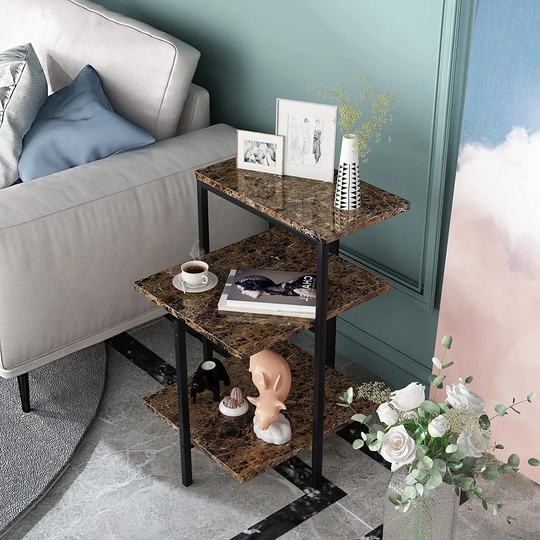 3-Tier Faux Marble Side Table, Small End Table with Storage Shelves, Sofa Side Table Bedside Table Nightstand for Living Room