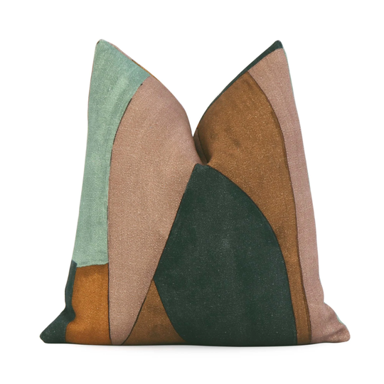 Dark Green, Burnt Orange, Brown Color Block Decorative Designer Pillow Cover With Zipper, Linen Cushion, Kelly Wearstler District Tobacco