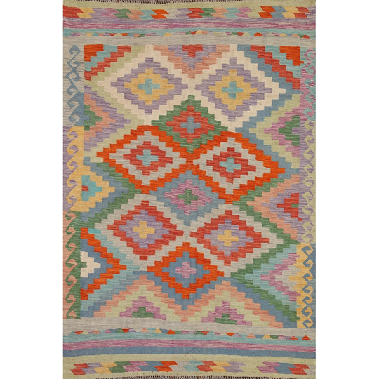 Kilim Reversible Area Rug Flat-weave Multi-Color Wool Carpet - 4'10" x 6'7"