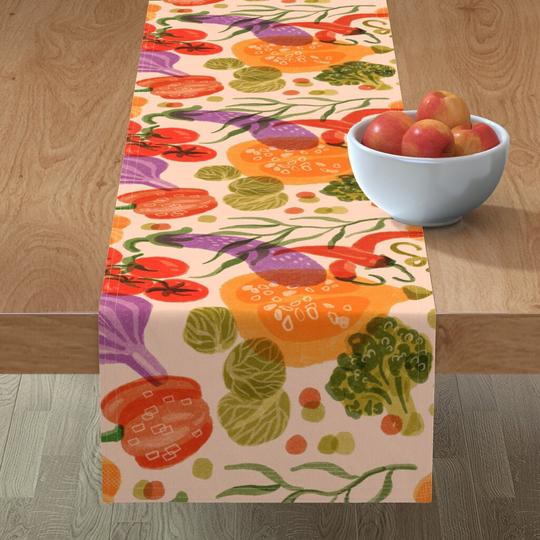 Retro Veggie Table Runner - Vegetable Garden By Untamedlittlewolf Vibrant Painterly Cotton Sateen Spoonflower