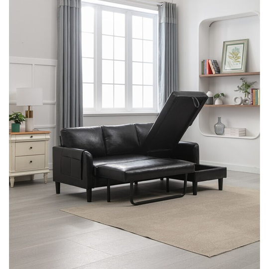 Black PU Leather Sectional Sofa,Sofa Bed with Convertible Chaise