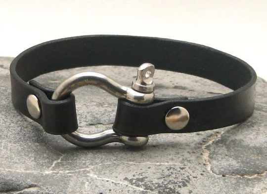 Christmas Gift For Men, Men's Leather Bracelet Black Cuff Men's With Silver Plated Omega Clasp. Men. Him