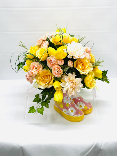 Table Centerpiece-Floral Arrangement-Table Decor-Summer Centerpiece-All Season-Kitchen Decor-Floral Centerpiece-Rain Boot