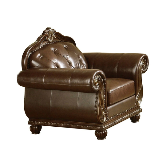 Button Tufted Faux Leather Upholstered Chair with Rolled Arms, Espresso Brown