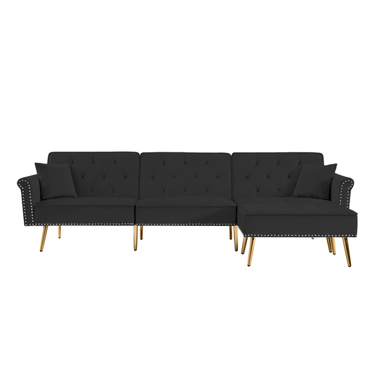 Amelia Modern Velvet Upholstered L-Shaped Sofa Bed Couch in Black - 110.20"L x 57.90"W x 32.30"H