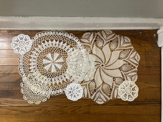 Doily Lot, Vintage Crochet Doilies, Table Decor, Runners, Set Of 7, Large Round Doily, Lace, Project Fabric Wall Art
