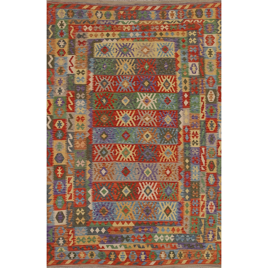 Multi-Color Geometric Southwestern Kilim Rug Hand-woven Wool Carpet - 6'9"x 9'8"