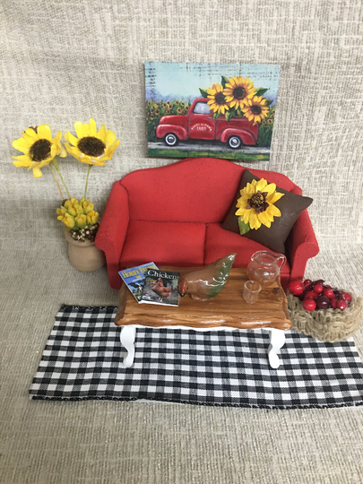 Dollhouse Miniature Red Sofa With Farmhouse Feel, Sunflower Decor, Buffalo Plaid Rug & Truck