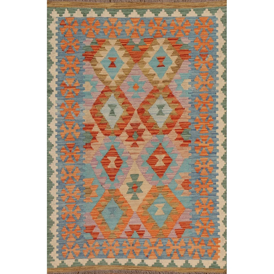 South Western Kilim Oriental Area Rug Hand-woven Colorful Wool Carpet - 3'3" x 4'10"