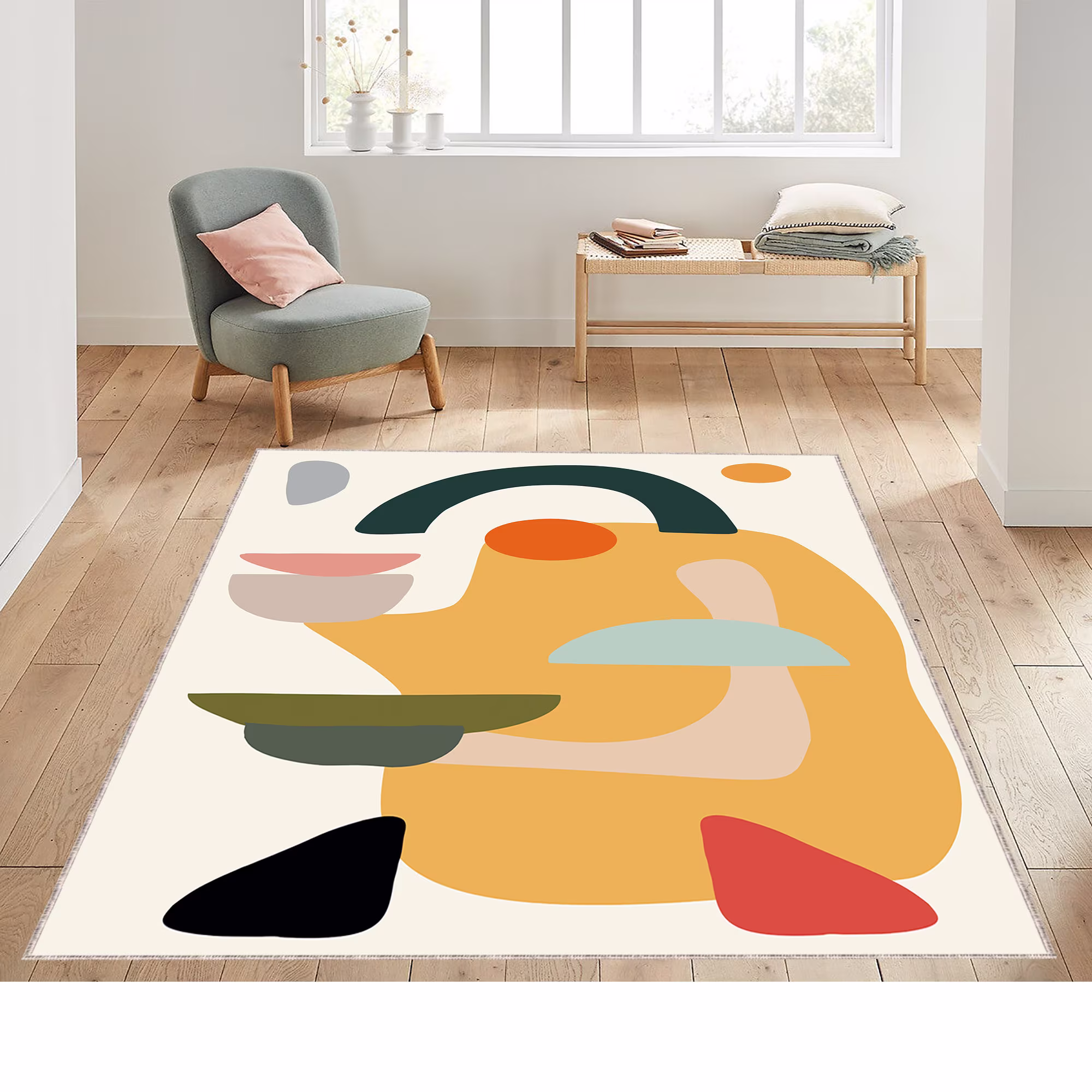 Hand Drawn Rug, Colorful Minimal Abstract Modern Geometric Anti-Slip Rug, Living Room, Bedroom, Minimalist Designed Floor