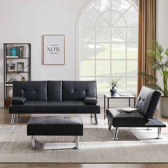 Modern Futon Sofa Bed Set, Faux Leather Folding Sofabed with Ottoman