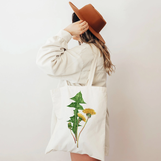 Dandelion Flower Tote Bag. Watercolor Botanical Floral Reusable Nature Printed Cottagecore Cute Bag