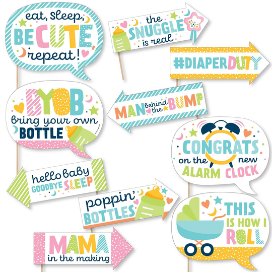 Funny Colorful Baby Shower - Gender Neutral Party Photo Booth Props Kit 10 Piece