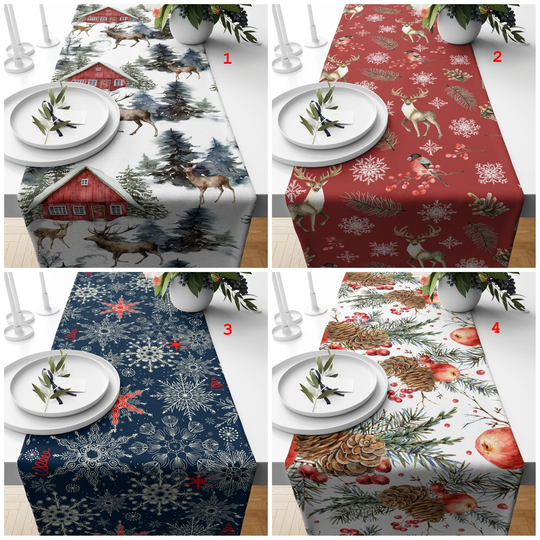 Christmas Table Runner, Xmas Cover, New Year's Top, Deer Print Tablecloth, Kitchen Snowflake Linen, Home Gift