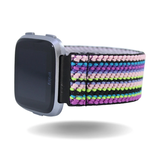 Elastic Fitbit Versa Watch Band - 1, 2, Lite Multicolor Stripes Purple Pink Rainbow Scrunchy Boho Comfy Gift Holiday Fall Winter